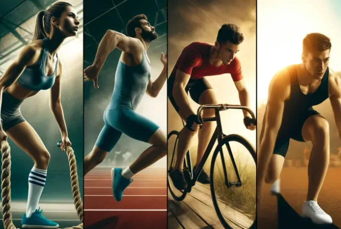 images of endurance athletes. a cyclist, a sprinter, a runner, and a woman with battle ropes.