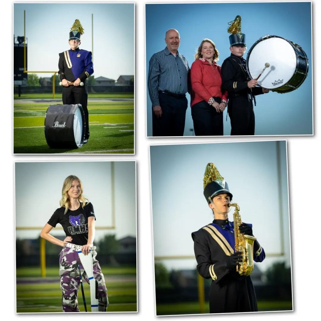 [marching band, collage, school] Collage of four marching band photos showing band members and family - drummer with Pearl bass drum, color guard member, saxophone player, and family portrait with band member