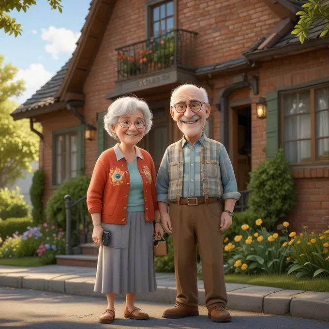 grandparents in front of a beautiful house