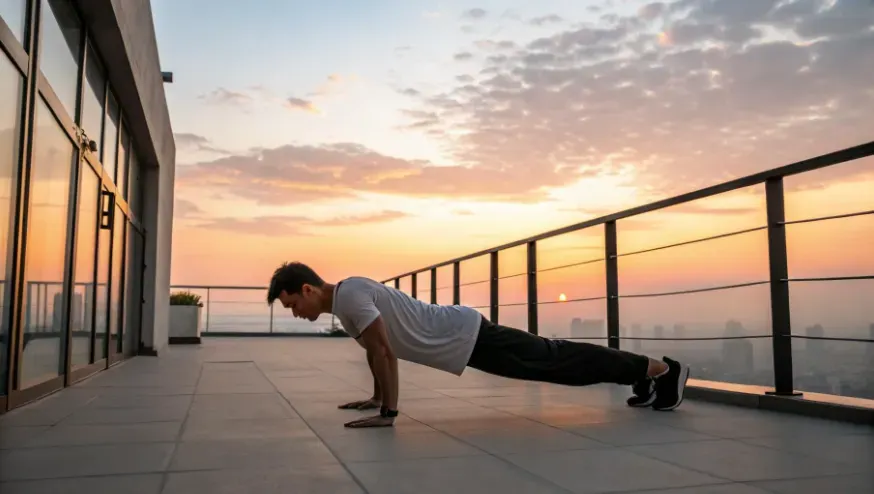 Man doing push-ups on a balcony at sunrise