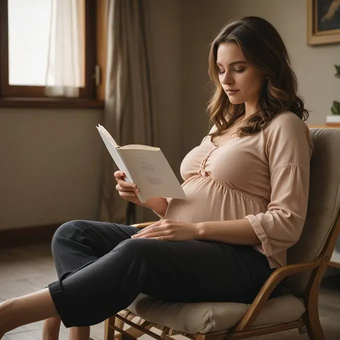 Pregnant woman sitting and reading a book 