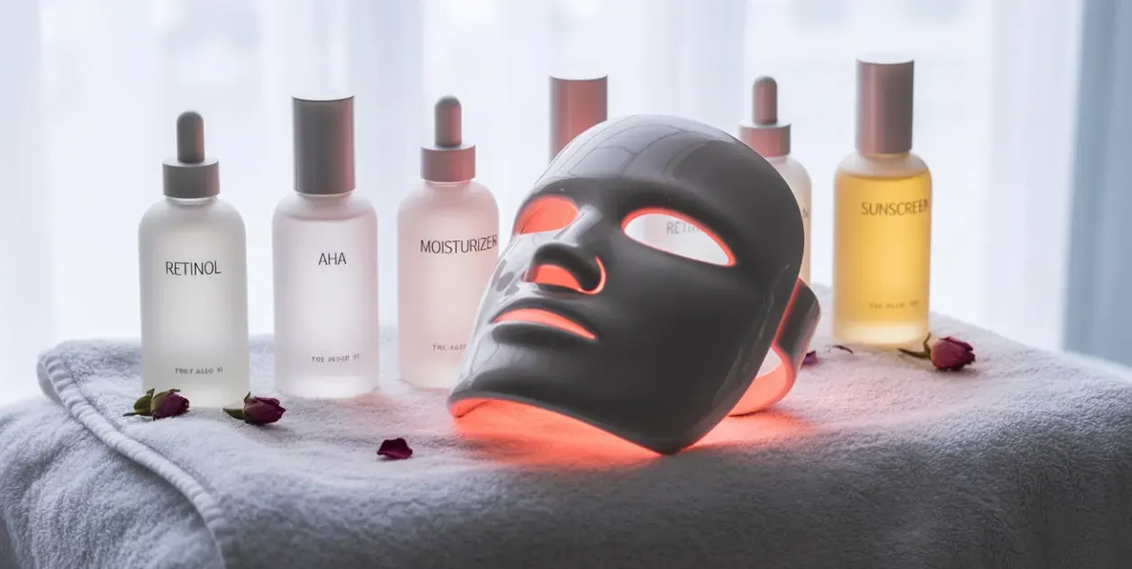 Skincare products and red light device arranged as a neck anti-aging routine.