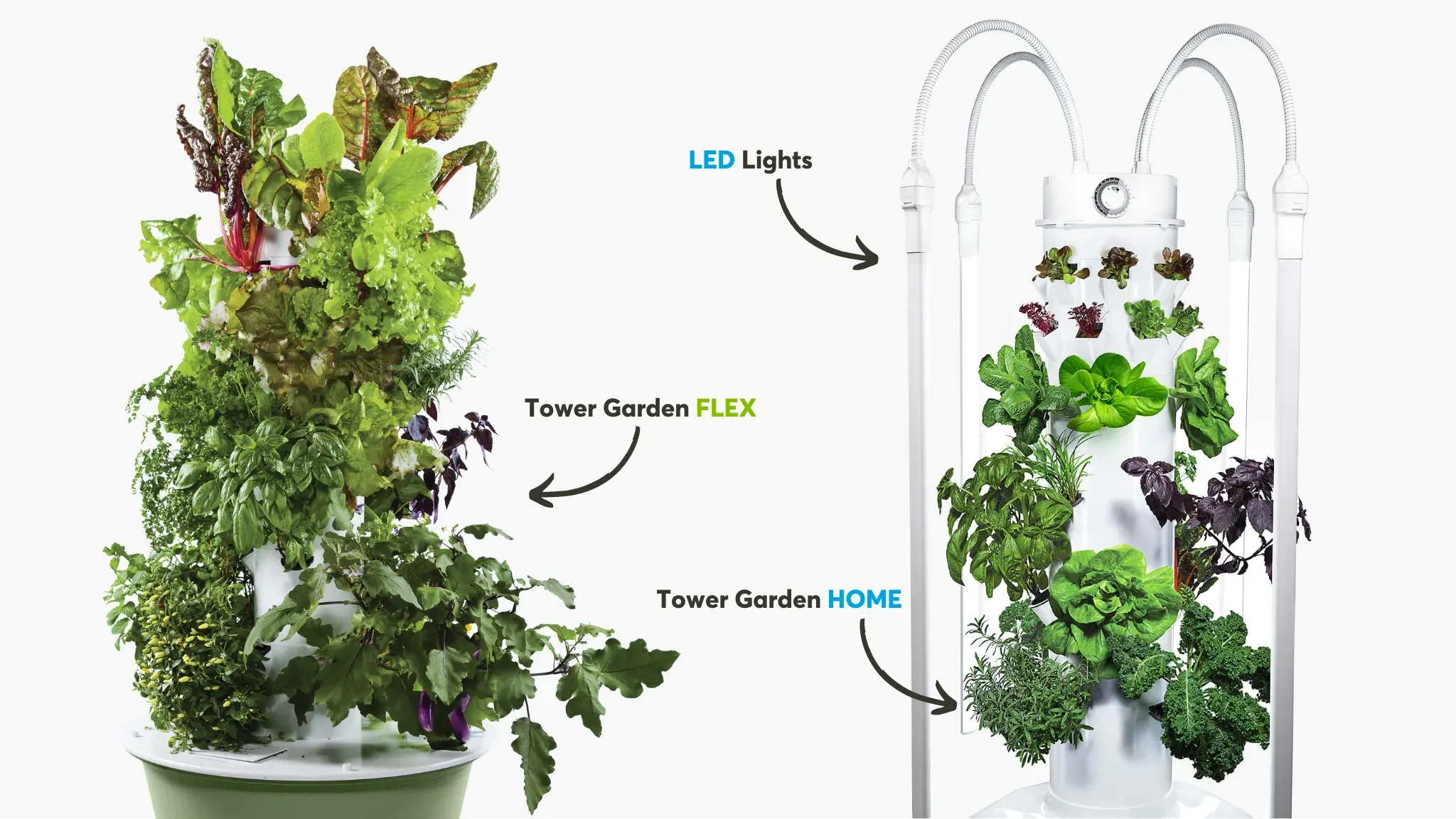 Tower Garden FLEX and HOME with grow lights for nutrient-dense greens