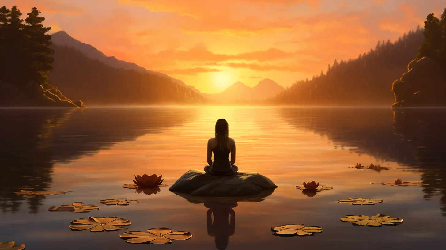 serene outdoor setting at sunrise, with silhouette of woman performing Lotus yoga pose near a calm body of water