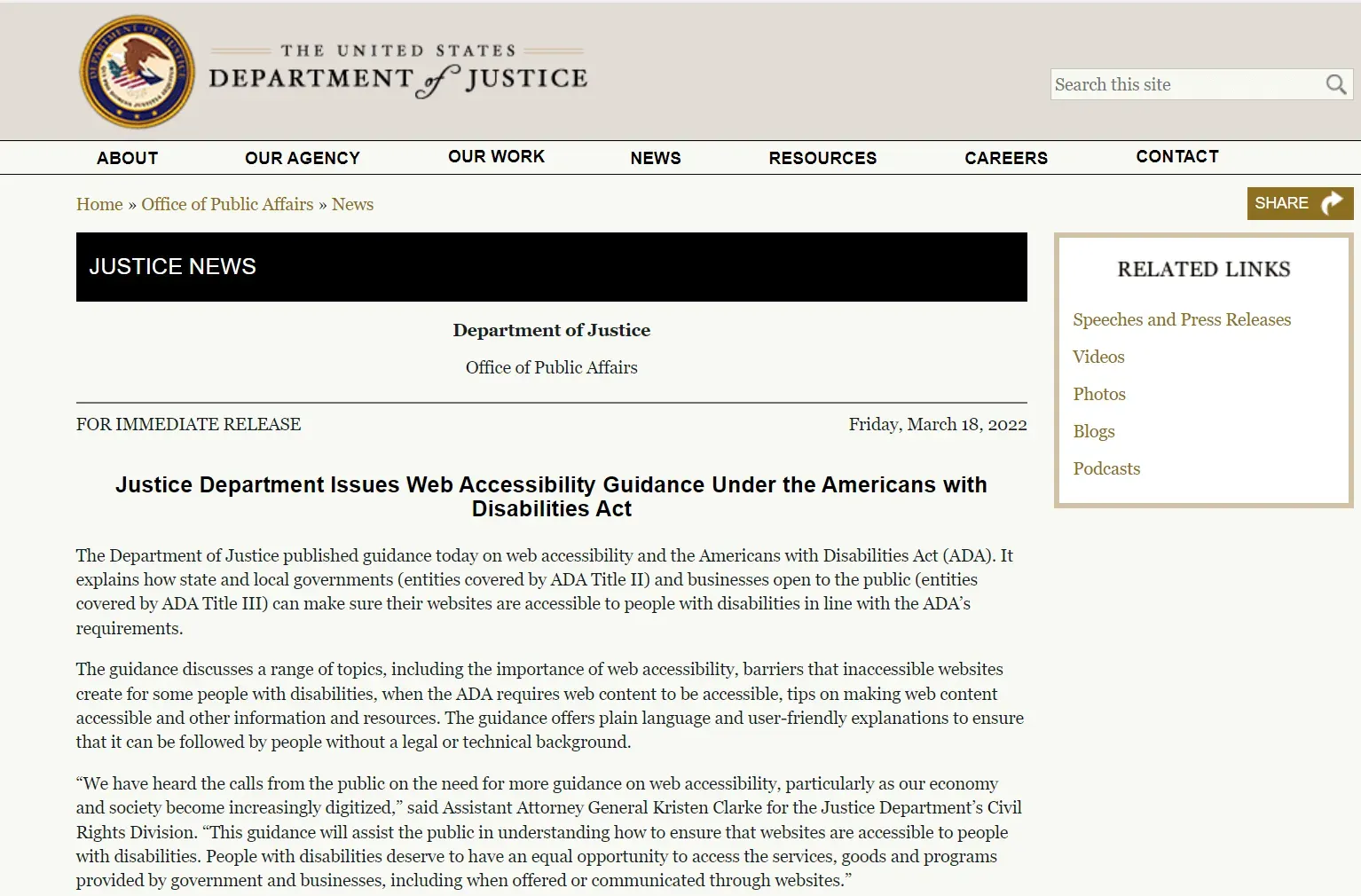 article justice department ada compliance