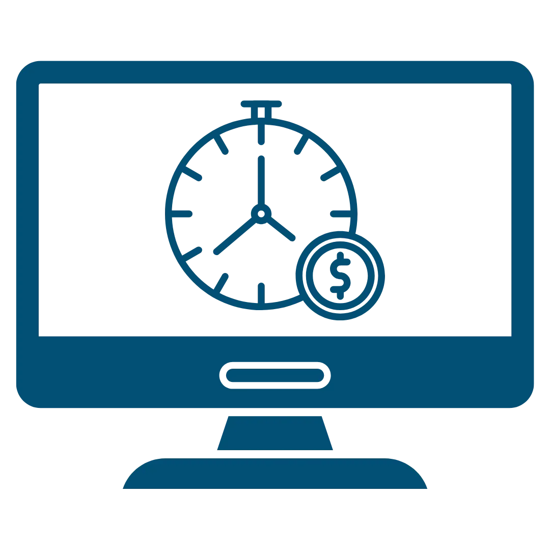 Icon of a monitor displaying a clock and a dollar sign, symbolizing time and financial considerations.