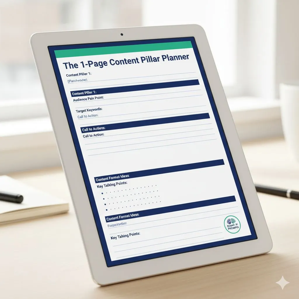 A preview of the 1-Page Content Pillar Planner template from Expert AI Prompts.