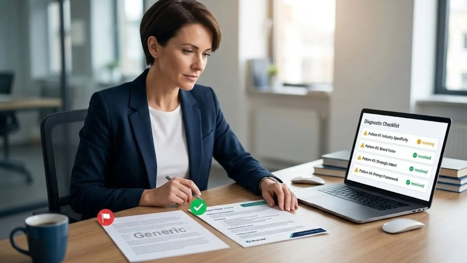 Content strategist comparing generic AI output to branded expert content using expert ai prompts reviews 2026 