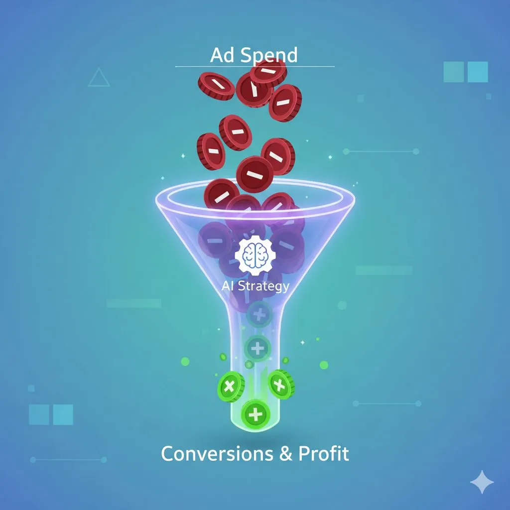 A graphic of a funnel showing how an AI for advertising and sales strategy turns ad spend into profitable conversions.